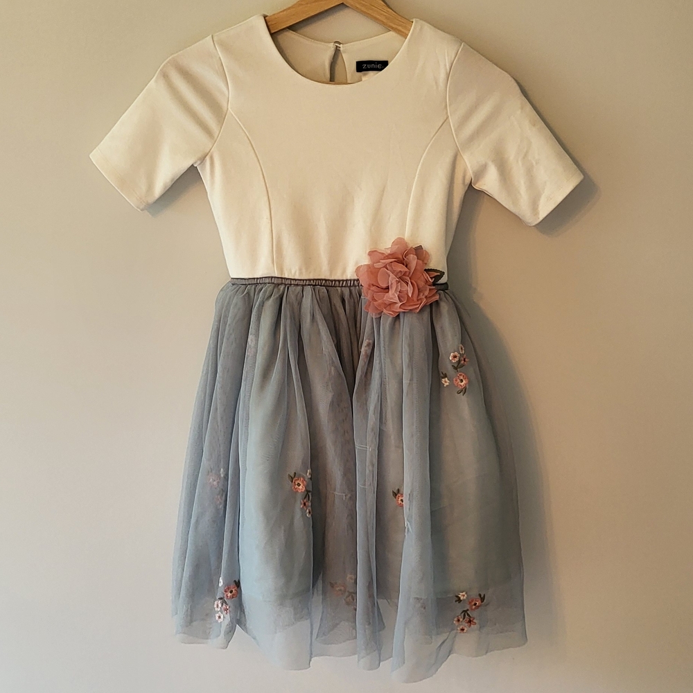 Zunie Cream Fit and Flare Dress with Floral Embellishments